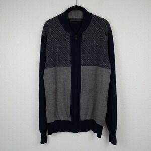 Sean John Mens Zip Up Cardigan‎ Sweater Navy Blue Gray Geometric Pattern XL